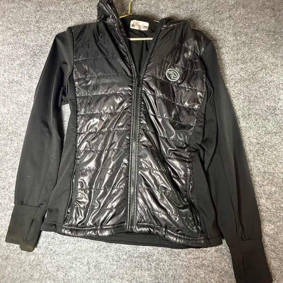 Disney Parks Run Disney Mickey Mouse Puffer Jacket Full Zip Hooded Black Women S - Picture 2 of 9